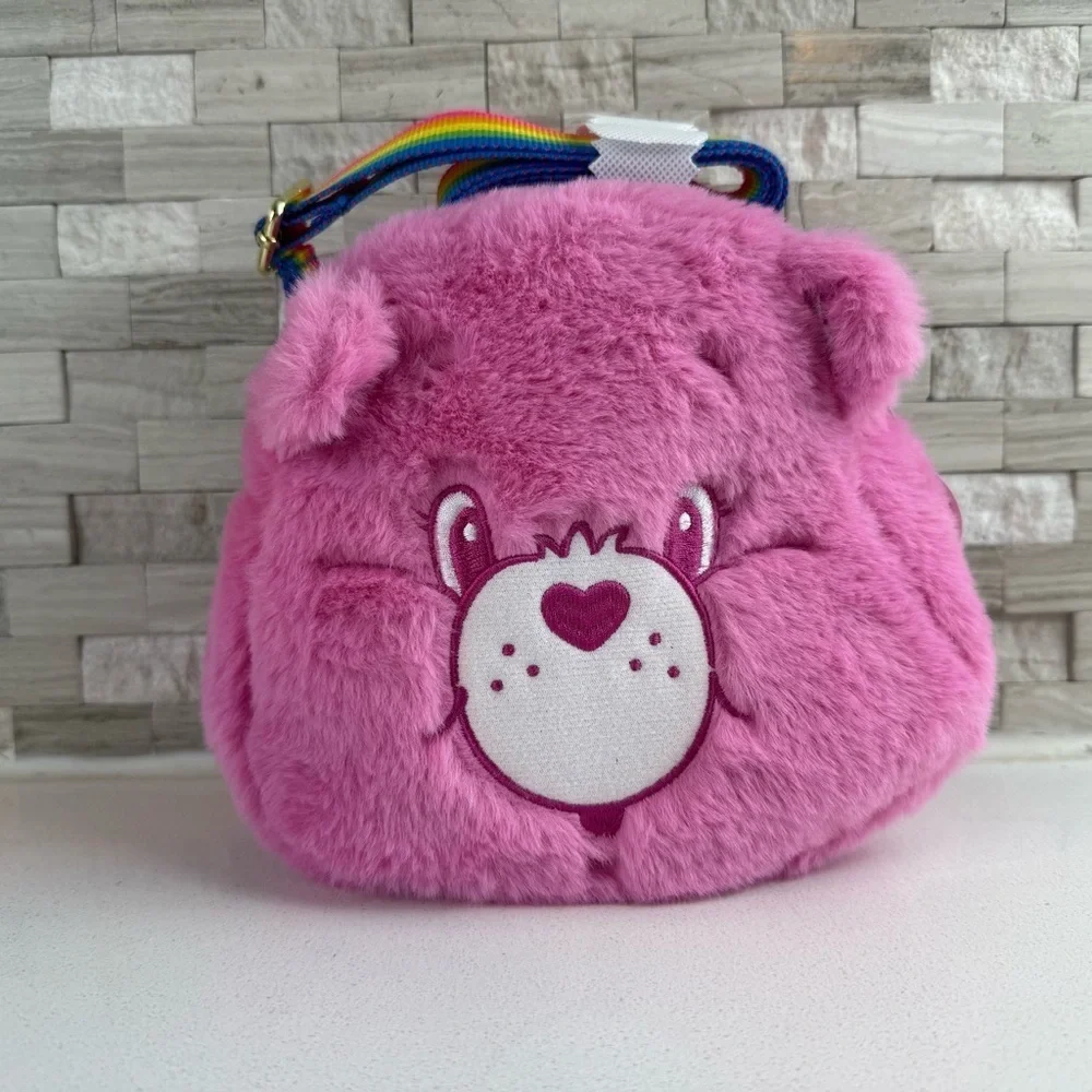 NEW Care Bear‎ Pink Plush Crossbody Bag With Rainbow Strap
